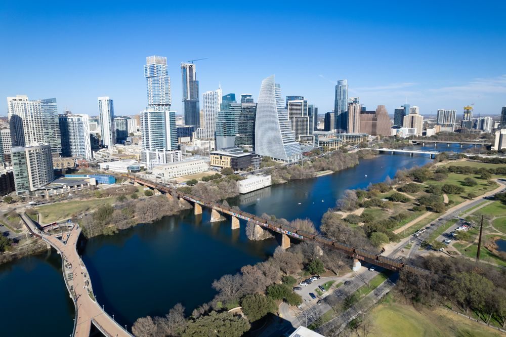 Downtown Austin and Lady Bird Lake from above