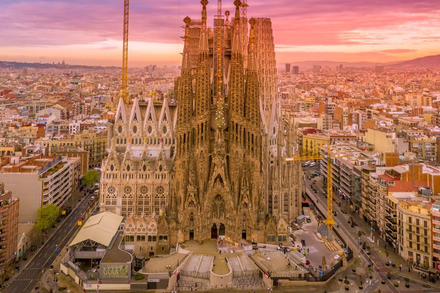 Sagrada Família at sunset over the city